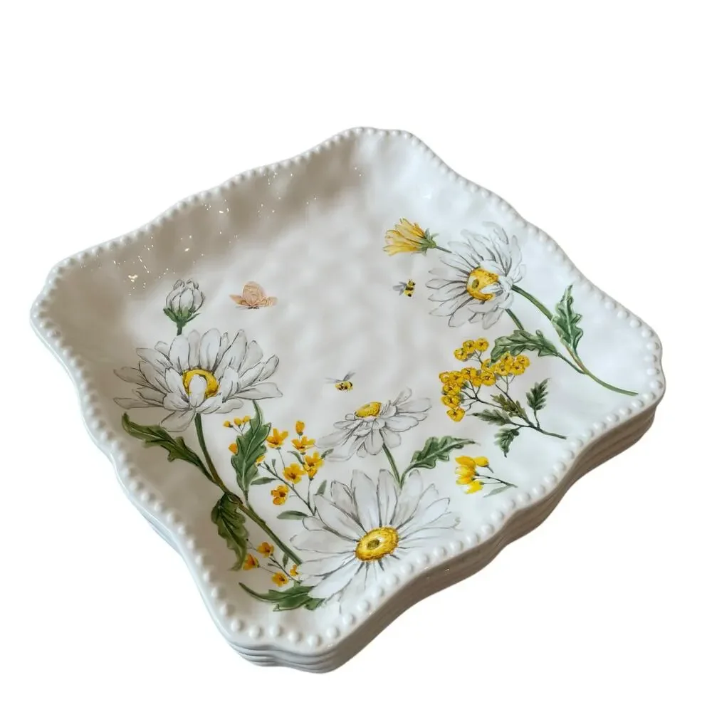 MAXCERA Spring Easter Bee Butterfly Daisy Square Dinner Plates Set of 4 New